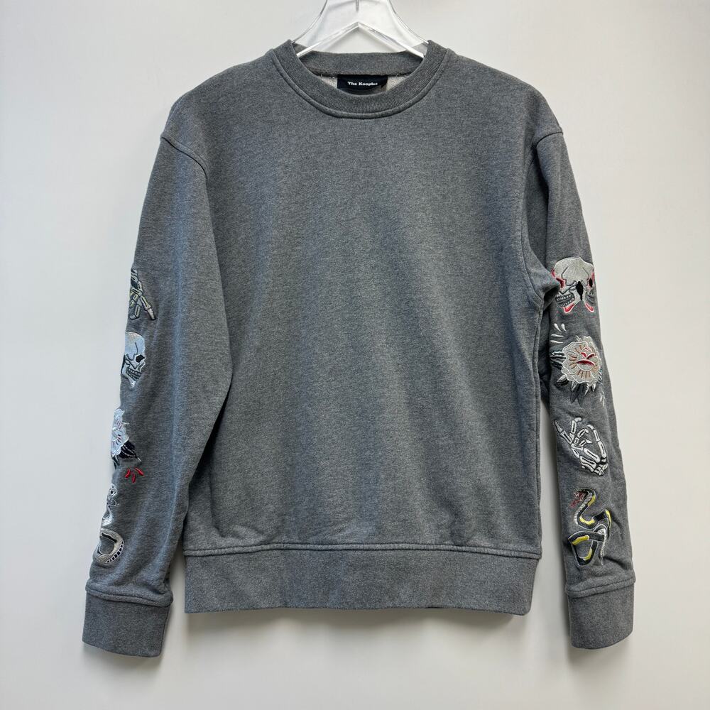 The Kooples Gray Crewneck Skull Embroidered Sleeve Sweatshirt Sz M